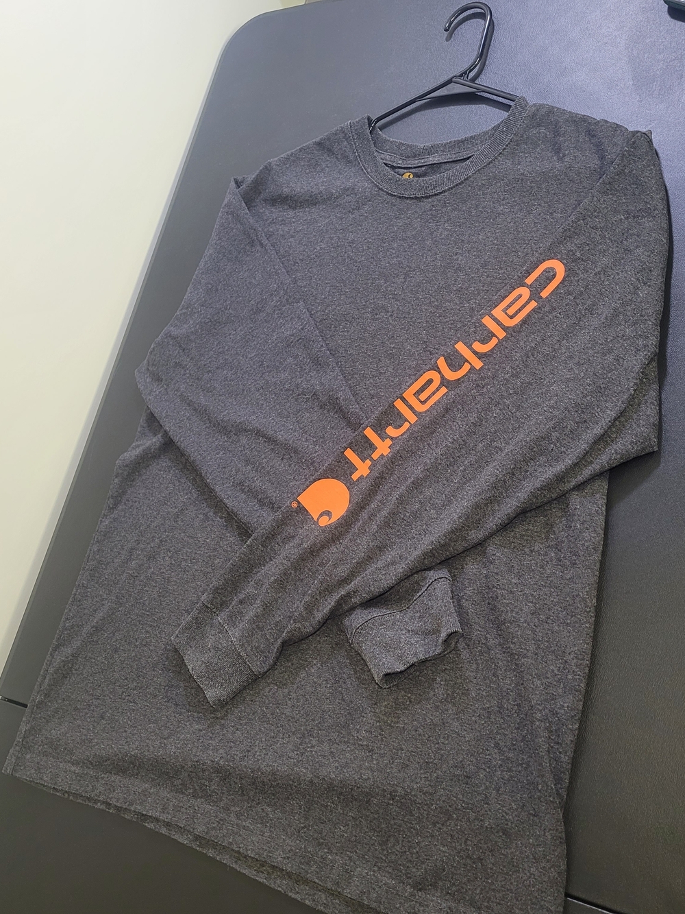 Carhartt Dark Gray Long-Sleeve Tee with Orange Sleeve Logo Mens L - Picture 3 of 10